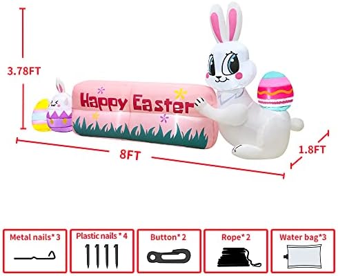 8FT Easter Inflatables Bunny Outdoor Decoration with Happy Easter Banner, Built in LED Lights Blow Up Yard Decoration for Lawn Garden Holiday Party
