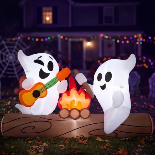 Joiedomi 6ft Long Halloween Inflatable Ghost Outdoor Decoration, Cute Blow Up Ghost Roasts Cotton Candy Over Campfire with LED, Halloween Blow Up Yard Decoration for Holiday Party Garden Lawn Decor
