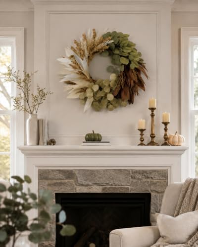 24" Fall Wreath for Front Door, Faux Leaves Corn Husk Autumn Wreath