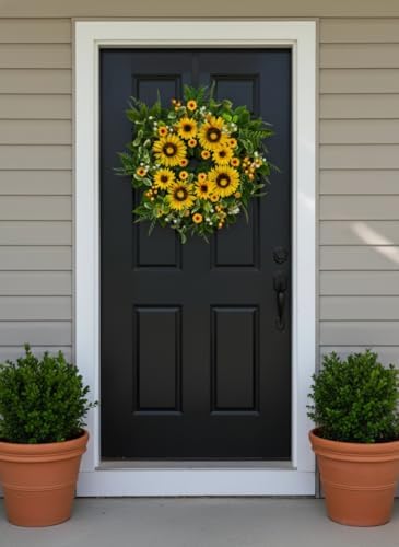 Sunflower Wreath for Front Door, 24 Inch Spring & Summer Wreath with Lifelike Sunflowers, Handmade Outdoor Wreath for Front Door, Spring Home Decor