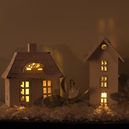 AuldHome Design Farmhouse Decor Tin Houses (Set of 3, White); Candle Lantern Decorative Holiday Christmas Village Display or Votive Holder
