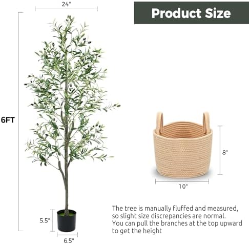 Olive Trees Artificial Indoor 6FT, Faux Olive Tree with Woven Basket & Natural-Looking Wood Trunk, Realistic Leaves & Fruits, Maintenance-Free Tall Fake Olive Tree for Modern Home Office Decor
