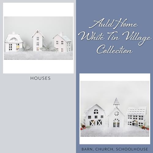 AuldHome Design Farmhouse Decor Tin Houses (Set of 3, White); Candle Lantern Decorative Holiday Christmas Village Display or Votive Holder