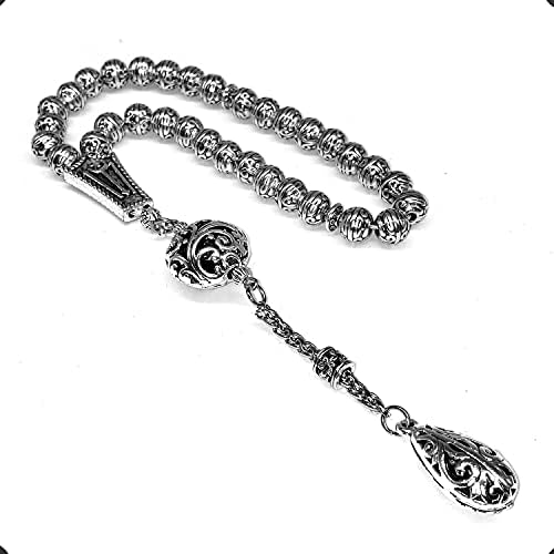 -Antique Silver Plated Collection-Worry Beads-Prayer Beads-Tesbih-Tasbih-Tasbeeh-Misbaha-Masbaha-Subha-Sebha-Sibha (Antique Silver Plated with Drop Tassel -8mm 33 Beads-)