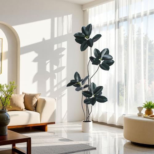 Artificial Rubber Tree 6FT Tall Faux Plants Indoor Artificial Trees Potted - Fake Tree with White Planter Large Floor Plant for Home Office Room Outdoor Decor