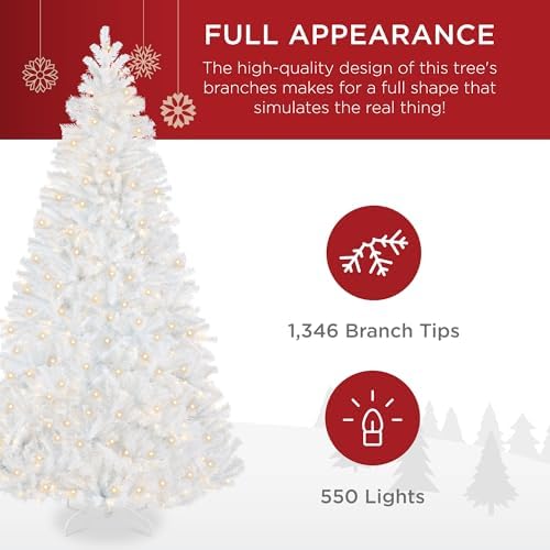 Best Choice Products Artificial Christmas Tree, 7.5ft Premium Pre-Lit Realistic Spruce Holiday Décor w/Dense Branches, Metal Base - White Spruce