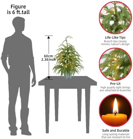 HipTree 2ft Pre-Lit Real Touch Norfolk Mini Christmas Tree for Table Decor