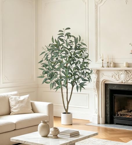 Eucalyptus Trees Artificial Indoor - 2PCS 5FT Tall Faux Eucalyptus Plants in White Planter, Fake Plant Décor for Farmhouse Bedroom Office Room Hallway Decoration