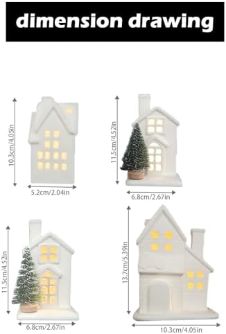 Christmas Village Set 4 Lighted Ceramic Houses and 3 Trees White Christmas Decorations Indoor for Home Table Room