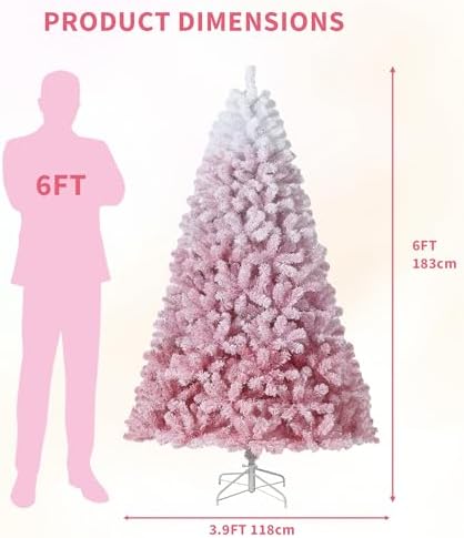 Garvee 6 ft Pre-lit Artificial Christmas Tree with 250 Warm White LED Lights, Snow Flocked Christmas Tree with 750 Branch Tips & Metal Stand, Indoor Outdoor Xmas Decoration, Pink Gradient