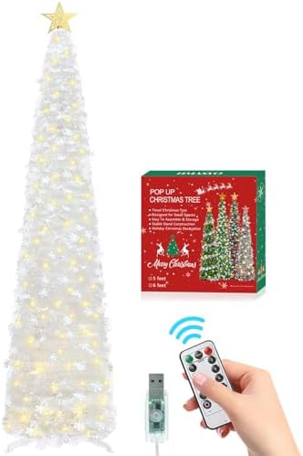 HMASYO 6 FT Pop Up Tinsel Christmas Tree with 100 LED Timer Lights & Remote, White Collapsible Artificial Pencil Tree with Snowflake Ornaments Xmas Decoration for Home, Office, Party, USB Powered