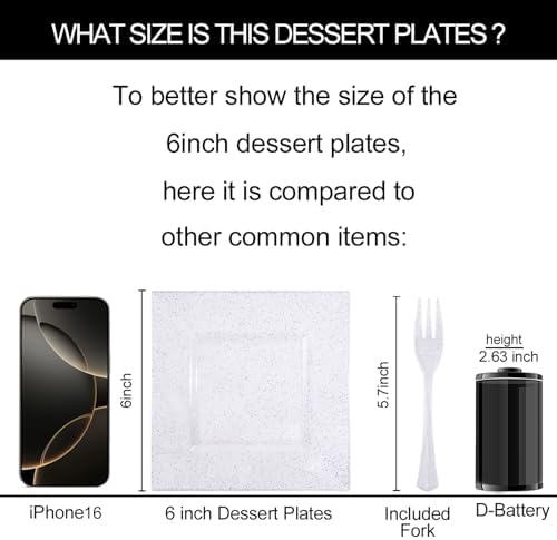 DaYammi 200Pcs Dessert Plates Set Including:100Pcs Cake Plates 6" with 100Pcs Silver Forks 5.7"- Silver Glitter Disposable Square Plate,Appetizer Plates and Forks Combo Bulk Set for Party Wedding