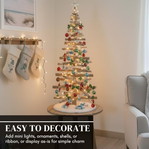 CZ Grain Driftwood Christmas Tree, 3 Feet Tall, Beach House Boho Holiday Decor, Sturdy Metal Pole