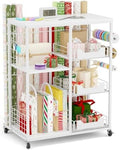 Wrapping Paper Organizer Storage with Wheels, Rolling Gift Wrap Cart with Ribbon and Gift Bag Storage, Craft Organization with 20 Roll Holders and 3 Drawers, White