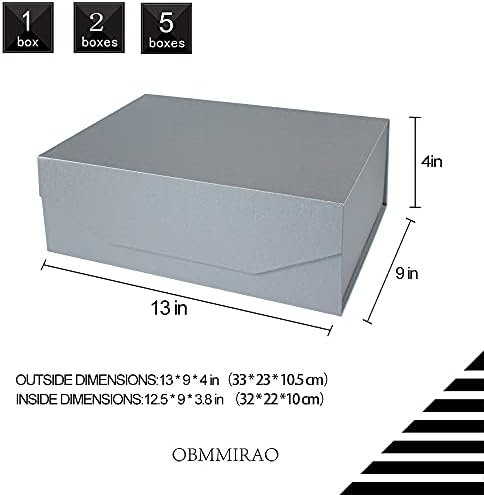 Silver Magnetic Large Gift Box with Lid, 13x9x4 Inches, 5Pcs
