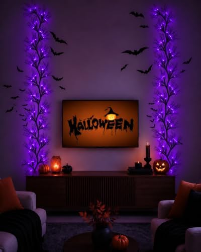 9 FT Halloween Twig Garland Decoration with 45 Purple LED Lights
