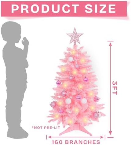 SUNSHINE DECOR Pink Christmas Tree with Light 3ft Artifical Full Christmas Tree with Ball & Star Ornaments 8 Lighting Modes for Holiday Decor