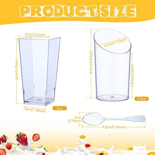Nuogo 200 Pcs Mini Dessert Cups with Spoons Include 3 oz Square Plastic Appetizer Cups 2.5 oz Slanted Round Parfait Shooter Cup Small Clear Mousse Pudding Cup for Wedding Baby Shower Birthday Party (400 Pcs)