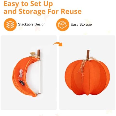 Glitzhome Fall Lighted Outdoor Decor, 32" D 3D Pumpkin Display with 100 Golden LED Lights Timer, Foldable Harvest Yard Decoration for Porch Garden