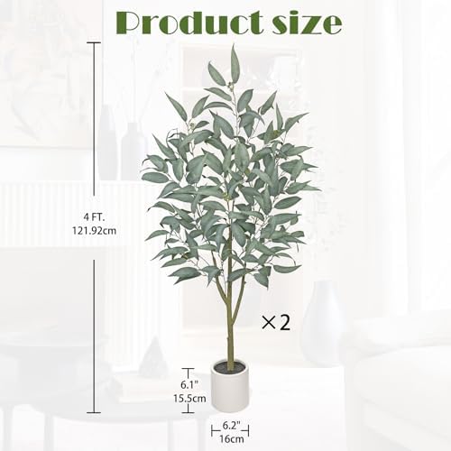 2 Packs Eucalyptus Trees Artificial Indoor - 4FT Tall Faux Eucalyptus Plants in White Planter, Fake Plant Décor for Farmhouse Bedroom Office Room Hallway Decoration