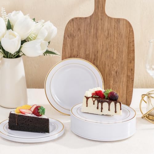 bUCLA 200PCS Gold Plastic Plates - 6.25inch White with Gold Trim Disposable Salad/Dessert/Appetizer/Small Cake Plates, Ideal for Wedding & Party