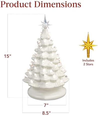 Best Choice Products 15in Ceramic Christmas Tree, Pre-lit Hand-Painted Tabletop Holiday Tree, 2 Star Toppers, 64 Lights - White w/Warm White Bulbs