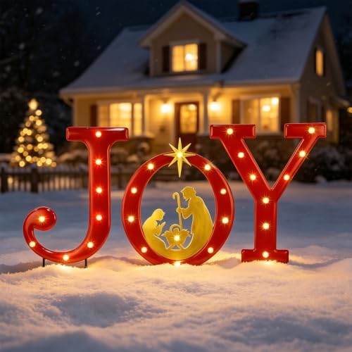 Hausse Lighted Christmas Decorations Outdoor, Upgraded 20" Joy Letter Nativity Scenes Sets, Xmas Metal Religious Yard Decor with Stake, Battery Powered for Winter New Year Holiday Garden Patio Lawn
