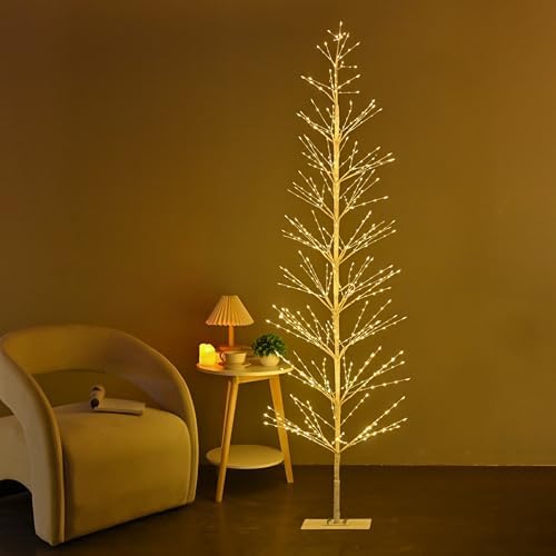 7FT Birch Tree with 736 LED Lights, Artificial Tree IP44 Waterproof Twinkle Light White Christmas Tree for Indoor Outdoor Festival Wedding Party Christmas Decorations (7FT/736LED)