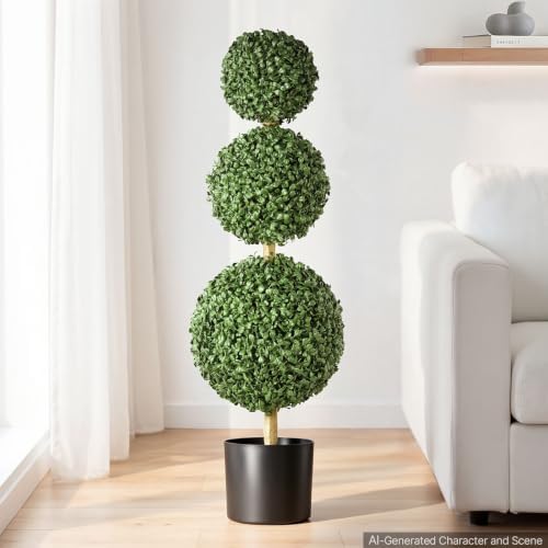 VEVOR Artificial Boxwood Topiary Triple Ball 3 Ft Set of 2 Greenery Decor