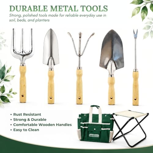 GardenHOME 7-Piece Garden Tool Set with Folding Stool & Storage Tote