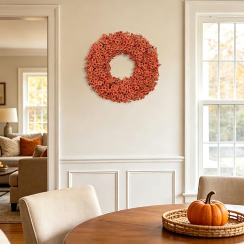 24" Orange Fall Wreath for Front Door, Artificial Mums Autumn Wreath