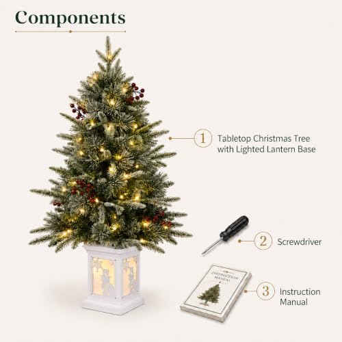 3ft Pre-Lit Holiday Christmas Tree, Artificial Christmas Tree with Timer Function and Led Lights, Snowflake and Red Berry Decorations, Holiday Ready, Easy Indoor Installation, 2-Piece Set