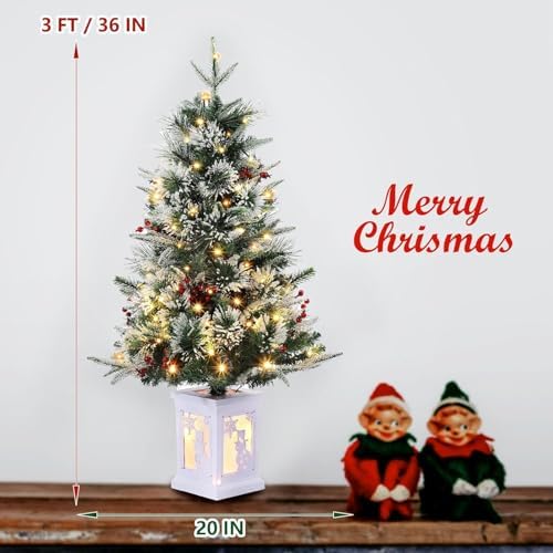 3ft Pre-Lit Holiday Christmas Tree, Artificial Christmas Tree with Timer Function and Led Lights, Snowflake and Red Berry Decorations, Holiday Ready, Easy Indoor Installation, 2-Piece Set