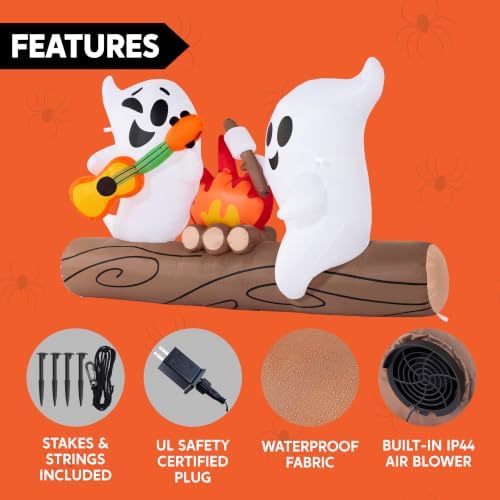 Joiedomi 6ft Long Halloween Inflatable Ghost Outdoor Decoration, Cute Blow Up Ghost Roasts Cotton Candy Over Campfire with LED, Halloween Blow Up Yard Decoration for Holiday Party Garden Lawn Decor