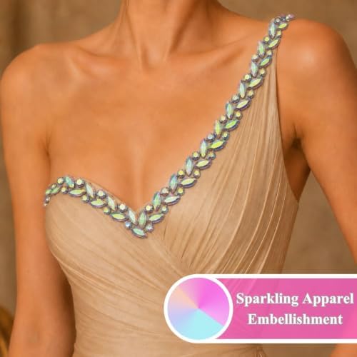 6 Yards Crystal Rhinestone Ribbon Trim, AB Silver Self Adhesive Bling Diamond Tape Strips Roll, Chain Applique Stickers for Dress Wedding Fringe & DIY Craft Decoration