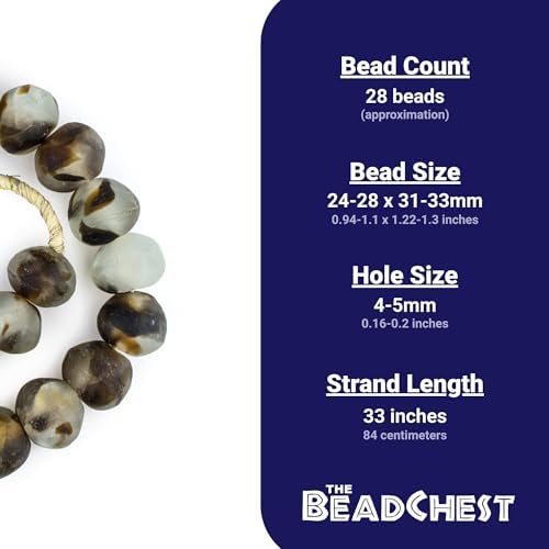 The Bead Chest Super Jumbo Recycled Glass Beads - Brown Swirl, 28 Pieces, Oval, 24-28 x 31-33mm, Bead Strand, Craft Bead