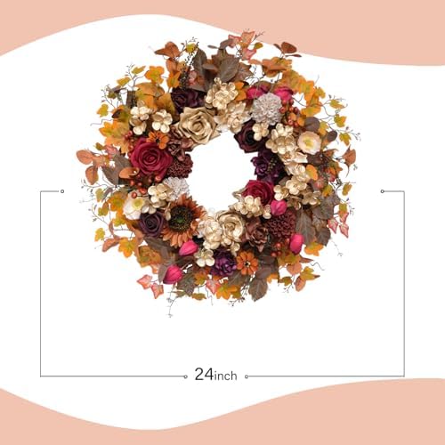 TEMPUS 24 Inch Artificial Fall Wreath - Red and Gold Rose Floral Front Door Decor, Handcrafted Thanksgiving Harvest Wreath for Indoor Farmhouse Wall