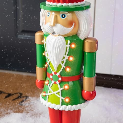 Glitzhome 28" H Lighted Christmas Nutcracker,Indoor/Outdoor Resin Porch Decor with 10 Warm Lights & Timer for Xmas Porch Lawn Yard Display