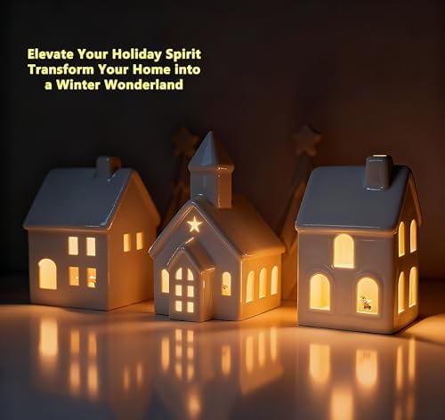Christmas Village Sets, 5-Piece Ceramic Houses and Pine Trees, Xmas Decor