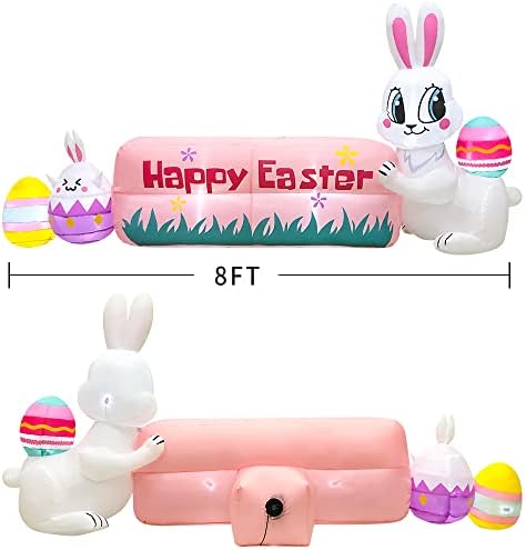 8FT Easter Inflatables Bunny Outdoor Decoration with Happy Easter Banner, Built in LED Lights Blow Up Yard Decoration for Lawn Garden Holiday Party