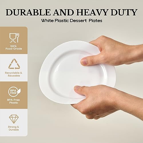 FOCUSLINE 100 White Plastic Plates, 7" Small Disposable Dessert Plates