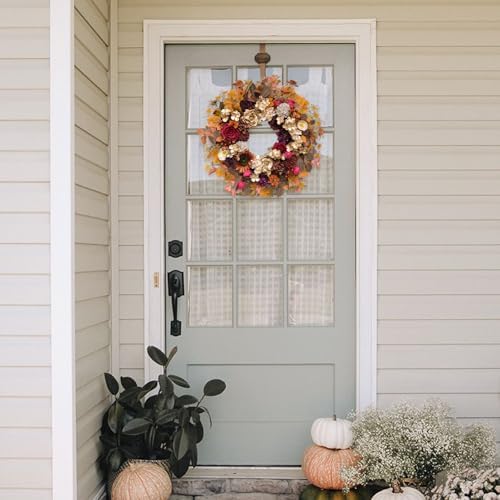 TEMPUS 24 Inch Artificial Fall Wreath - Red and Gold Rose Floral Front Door Decor, Handcrafted Thanksgiving Harvest Wreath for Indoor Farmhouse Wall