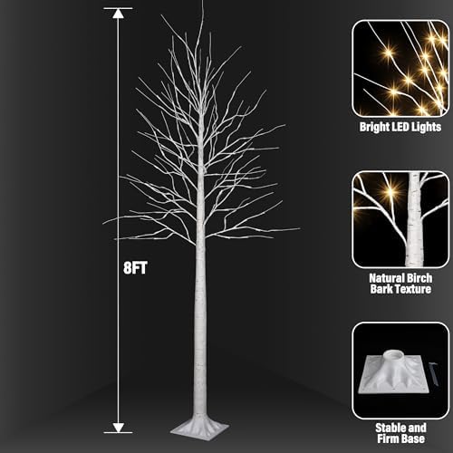 iBaycon 8FT 132LED Christmas Birch Tree, Prelit Artificial Tree Xmas Lights