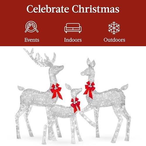 Best Choice Products 3-Piece Large Lighted Christmas Deer Family Set 5Ft Outdoor Yard Decoration with 360 LED Lights, Stakes, Zip Ties - Silver