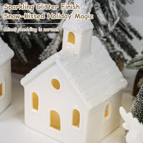 Christmas Decorations Indoor - 9 Piece Christmas Village Sets with 4 Remote Control Lighted Ceramic Houses, 2 Trees, 2 Deer & Santa - Neutral White Farmhouse Holiday Decor for Home Table Room(White)