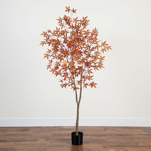 Nearly Natural 6ft Autumn Japanese Maple Artificial Fall Tree in Black Pot