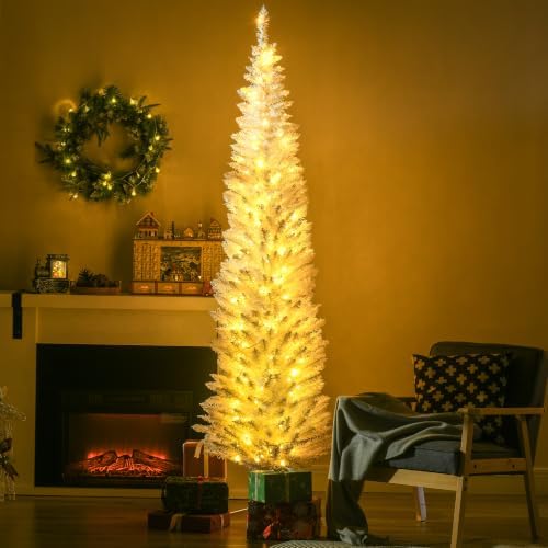HOMCOM 7' Tall Pre-Lit Slim Noble Fir Artificial Pencil Christmas Tree