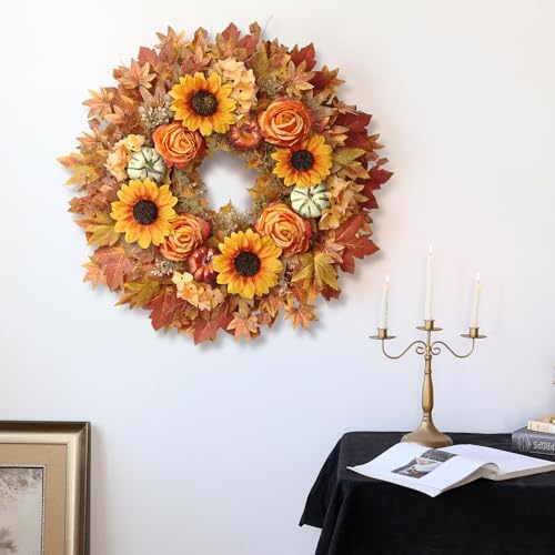 28" Large Artificial Maple Leaves Fall Wreath for Front Door(Orange-Yellow)