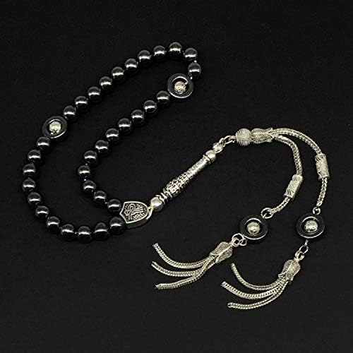 Design - Long & Stylist Tassels Worry Beads - Prayer Beads (8 mm-33 Beads) Tesbih-Tasbih-Tasbeeh-Misbaha-Subha-Sebha-Sibha-Rosary (Black Hematite - Silver Plated)