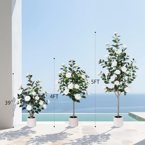Yepdin 2 pcs Pack Artificial Camellia Tree with White Planter - 39 inch Tall Fake Tree,3.2 Ft Artificial Plants Indoor & Outdoor Housewarming Gift